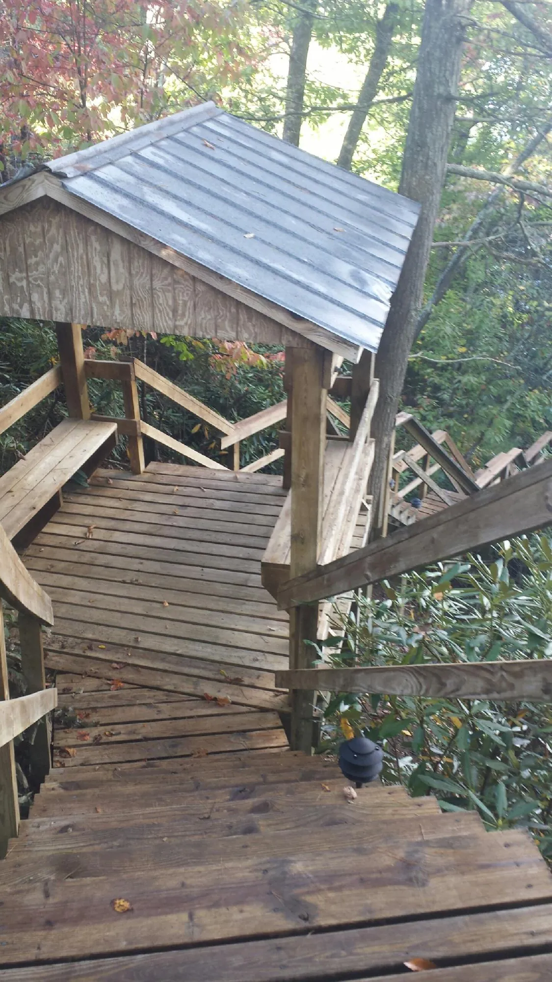 Metal roofed shelter over wooden steps on a wooded walkway — Skylight Repair & Installation work by our crew in Waunakee